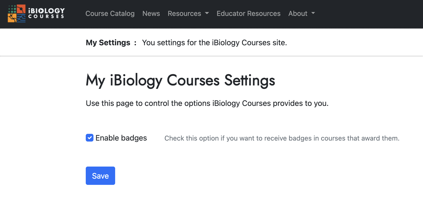 Screenshot of the 'enable badges' option on the 'My Settings' page.