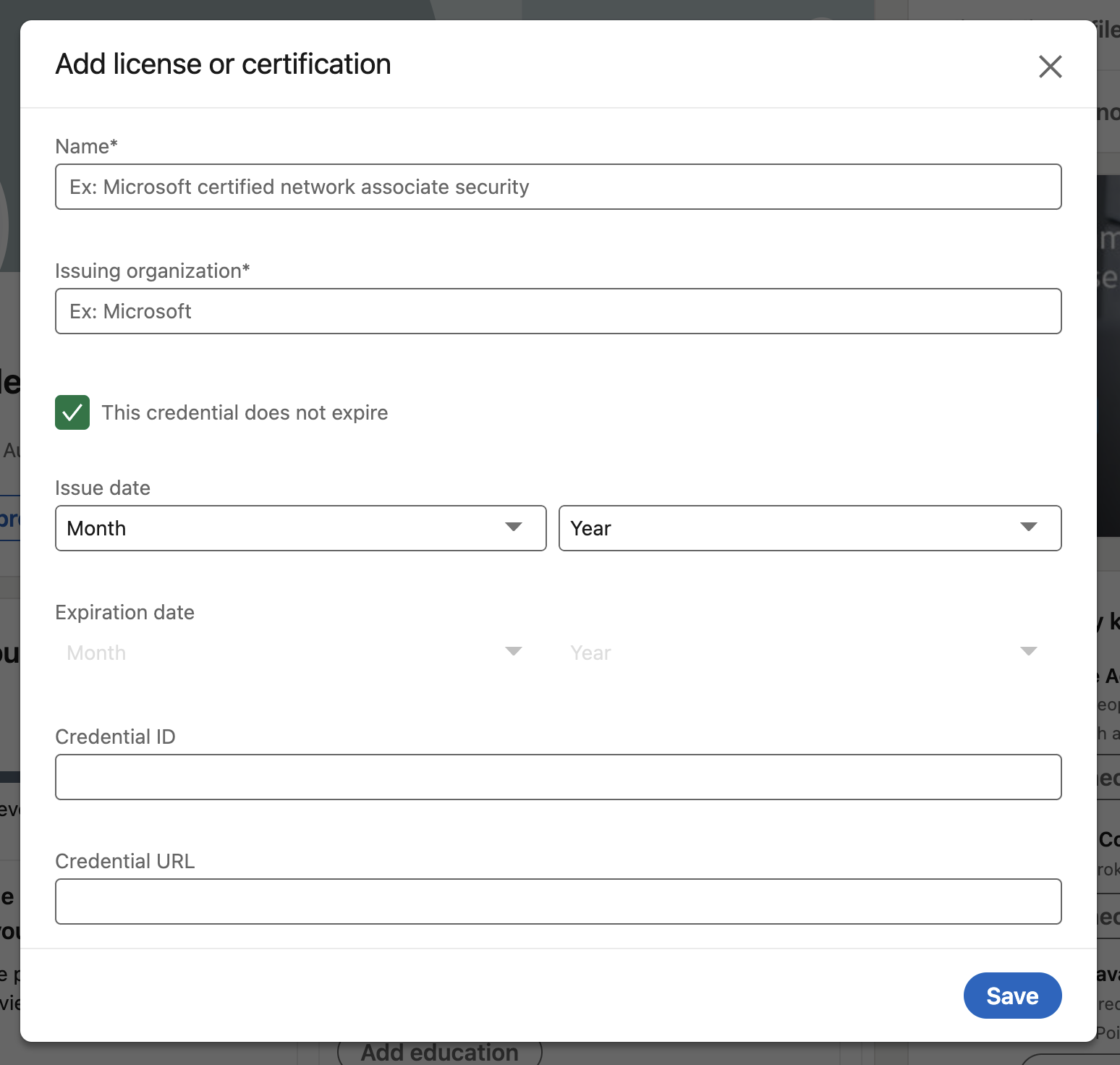 Screenshot of LinkedIn dialog for adding a license or certification.