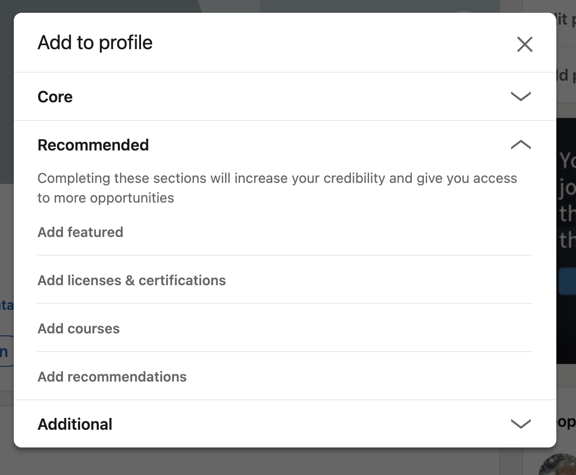 Screenshot of LinkedIn dialog for adding a profile section.