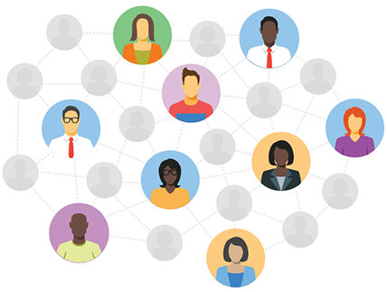 Illustration of various people connected in a network.